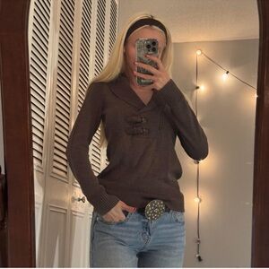 Le Chateau Dark Brown Women's Sweater with Buckle Accents